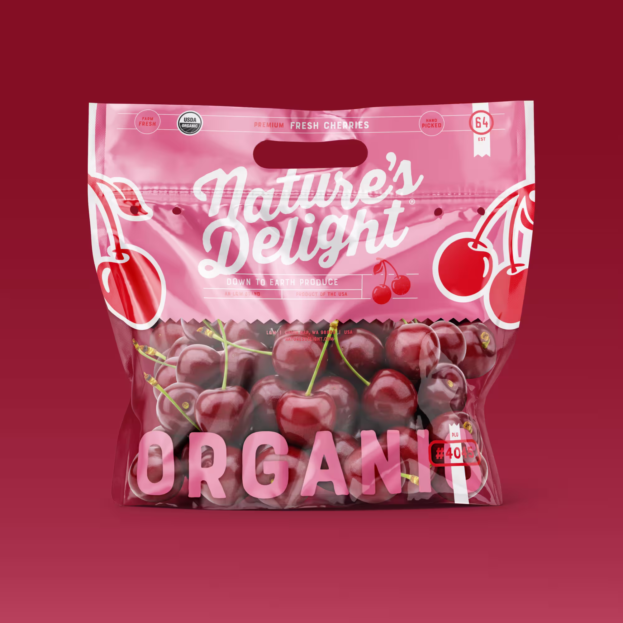 Plastic bag of fresh organic cherries labeled Nature's Delight with pink and red design.