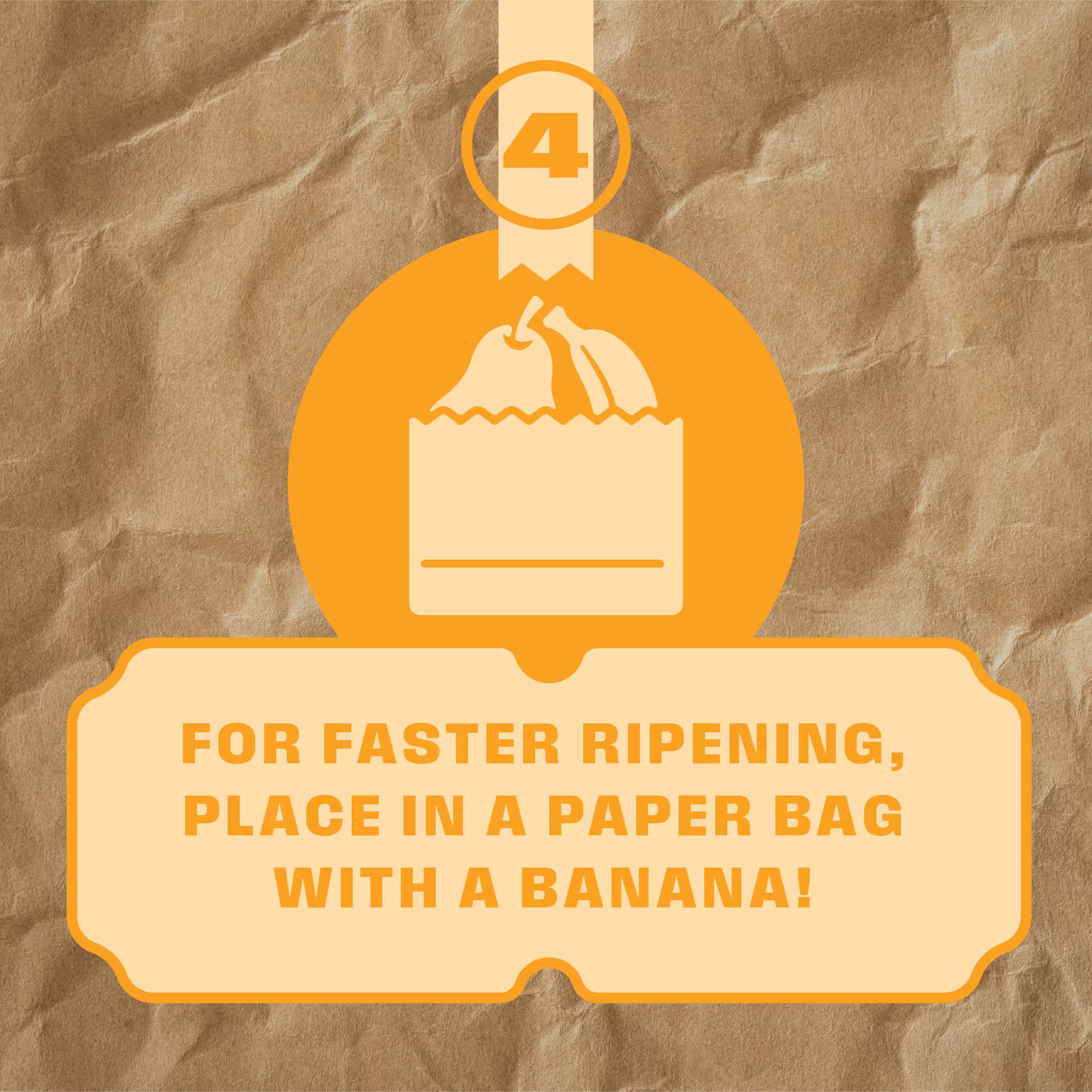 Illustration of a paper bag containing a pear and a banana with text reading: For faster ripening, place in a paper bag with a banana!