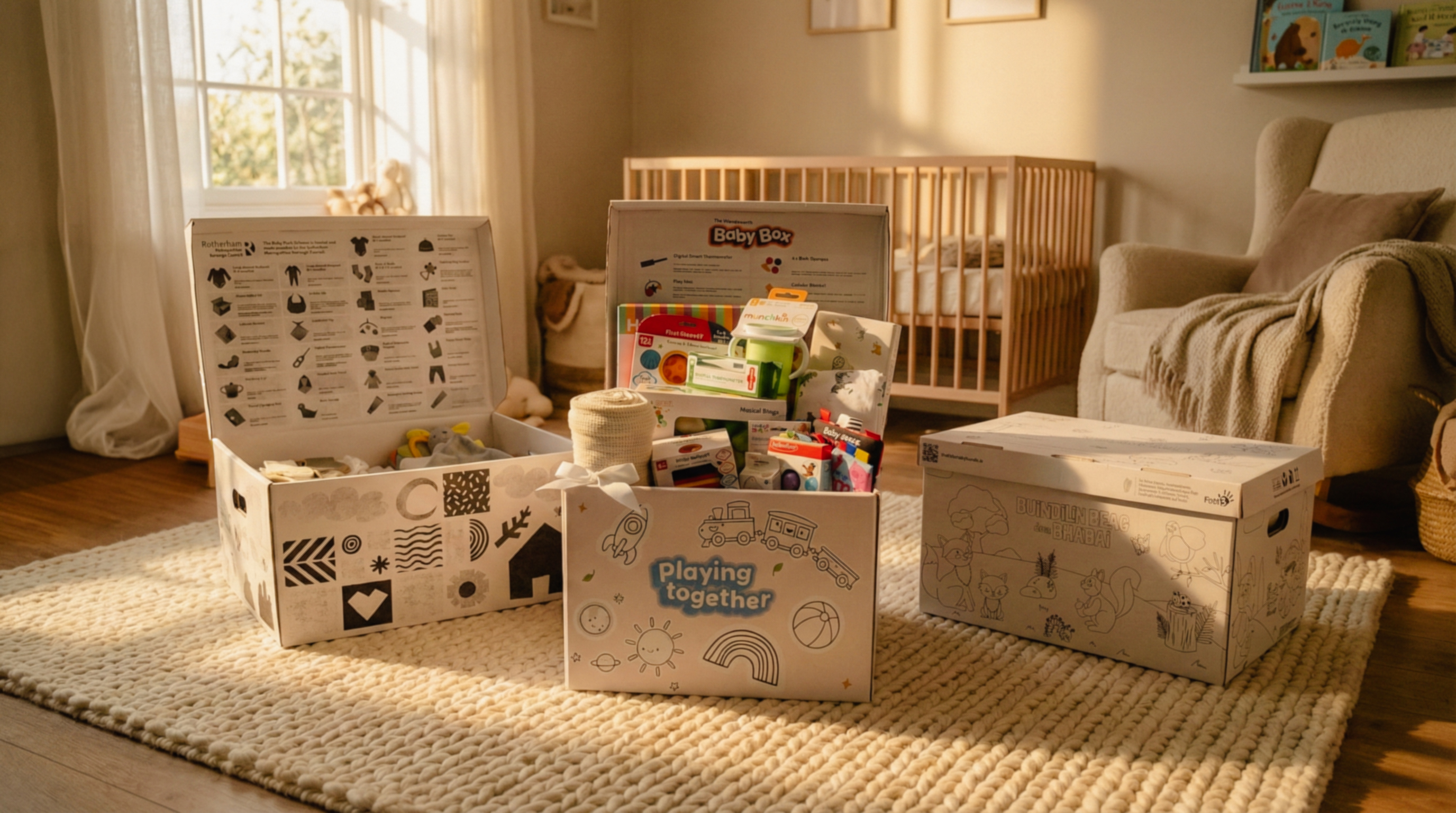 Three decorated cardboard boxes on a rug in a sunlit nursery with a crib, armchair, and children's books in the background.
