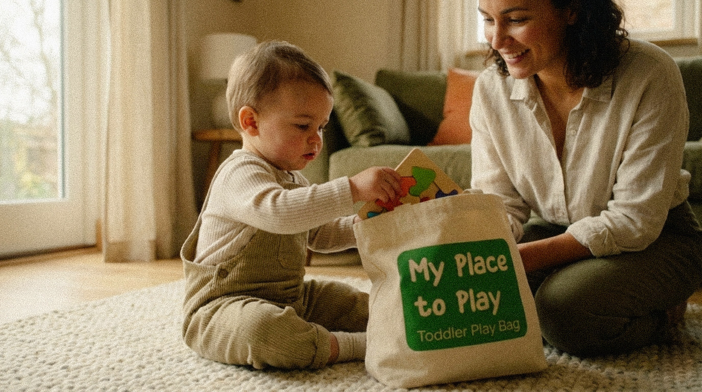Toddler sitting on a rug playing with a puzzle from a play bag labeled 'My Place to Play' while a smiling woman watches nearby in a cozy living room.