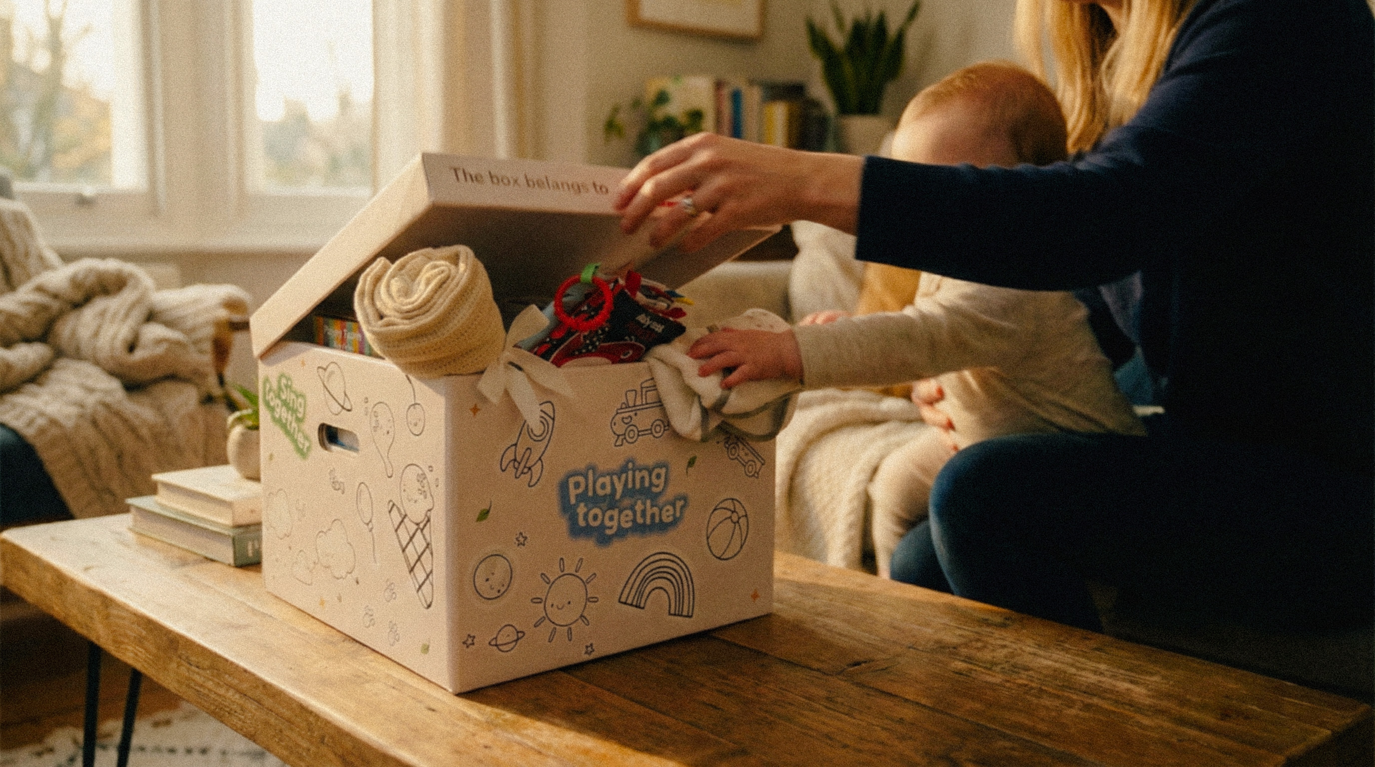 Adult and baby sitting on a couch opening a box labeled 'playing together' filled with toys and blankets on a wooden table.