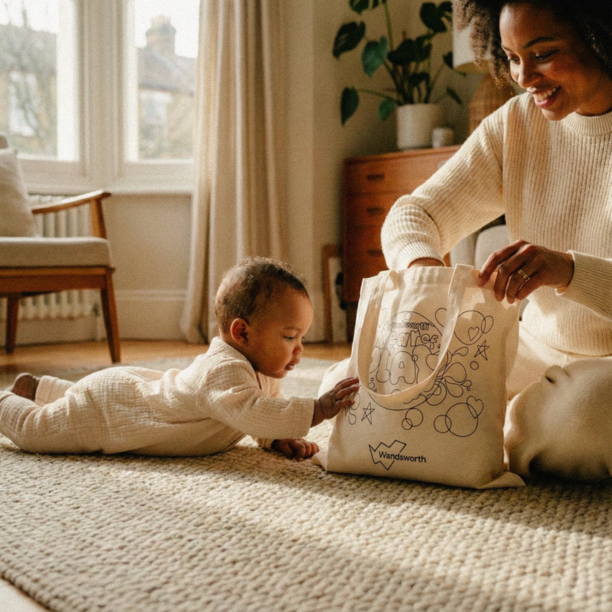 Smiling woman in a cream sweater playing with a baby reaching for a canvas bag on a beige carpet in a cozy living room.