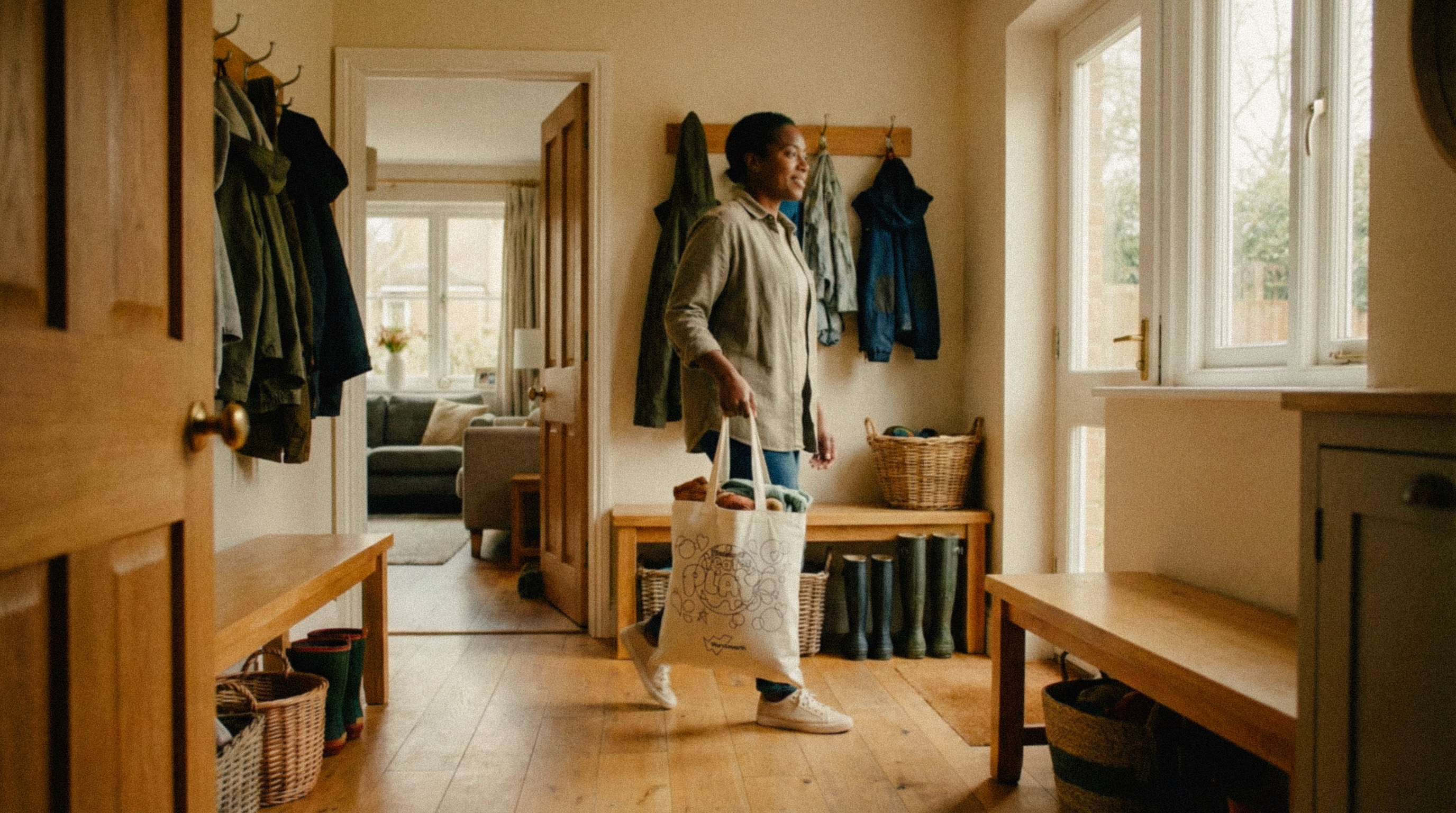 Woman carrying a tote bag filled with yarn walking through a cozy hallway with wooden benches, coat hooks, and rain boots.