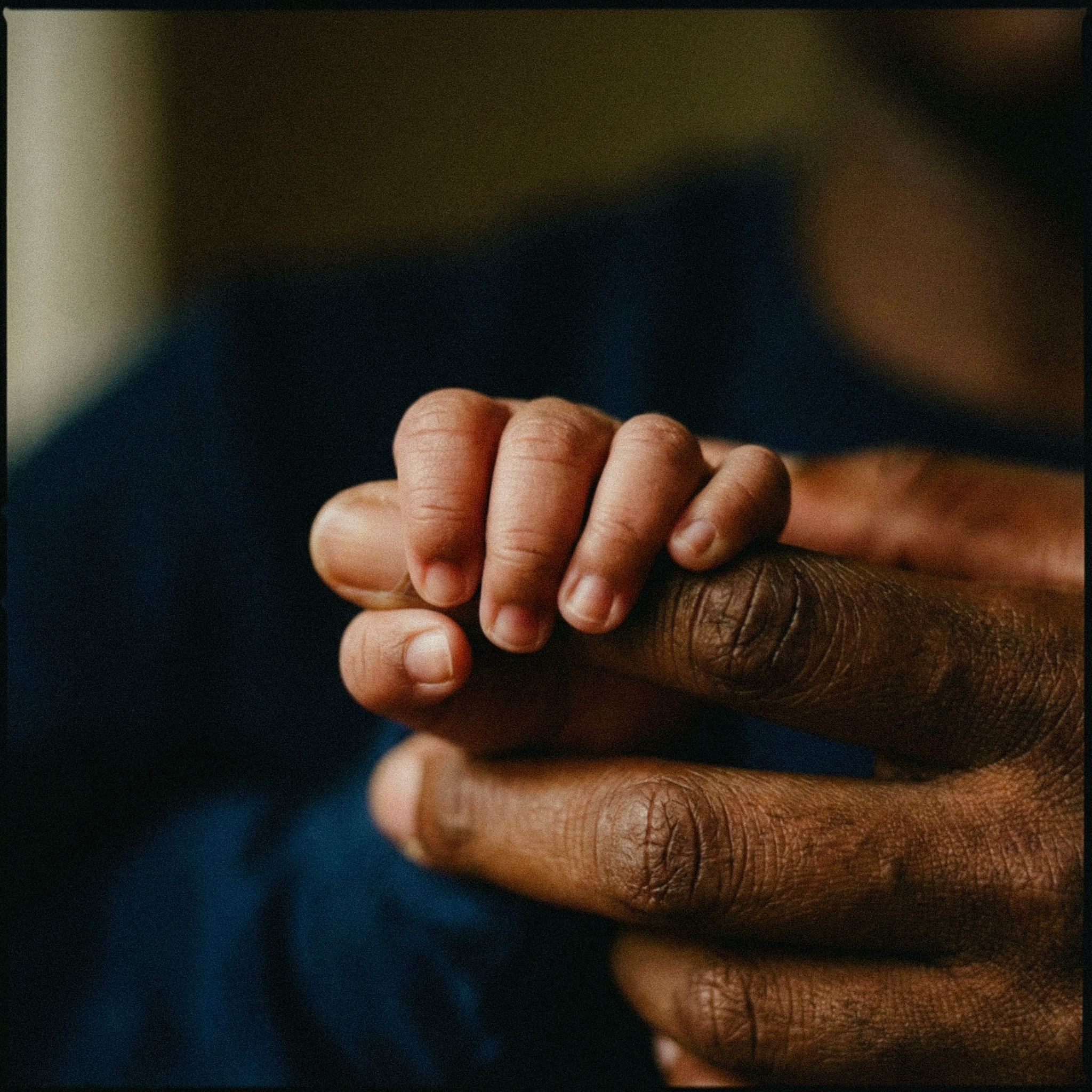 Close-up of a baby's hand gently holding an adult's finger against a dark blurred background.