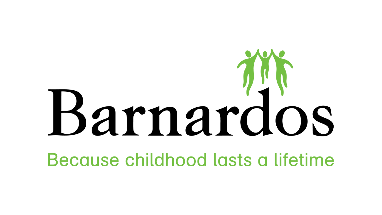 Barnardos logo with three green figures above the letter 'r' and the slogan Because childhood lasts a lifetime in green text below.