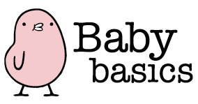 Pink cartoon bird standing next to the text 'Baby basics' in black font.