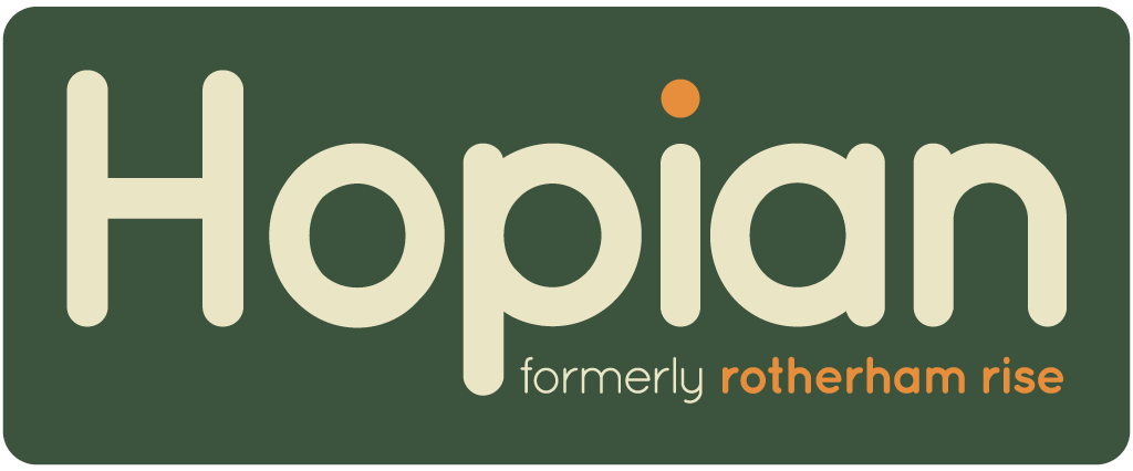 Hopian logo with the phrase 'formerly rotherham rise' below it on a dark green background.