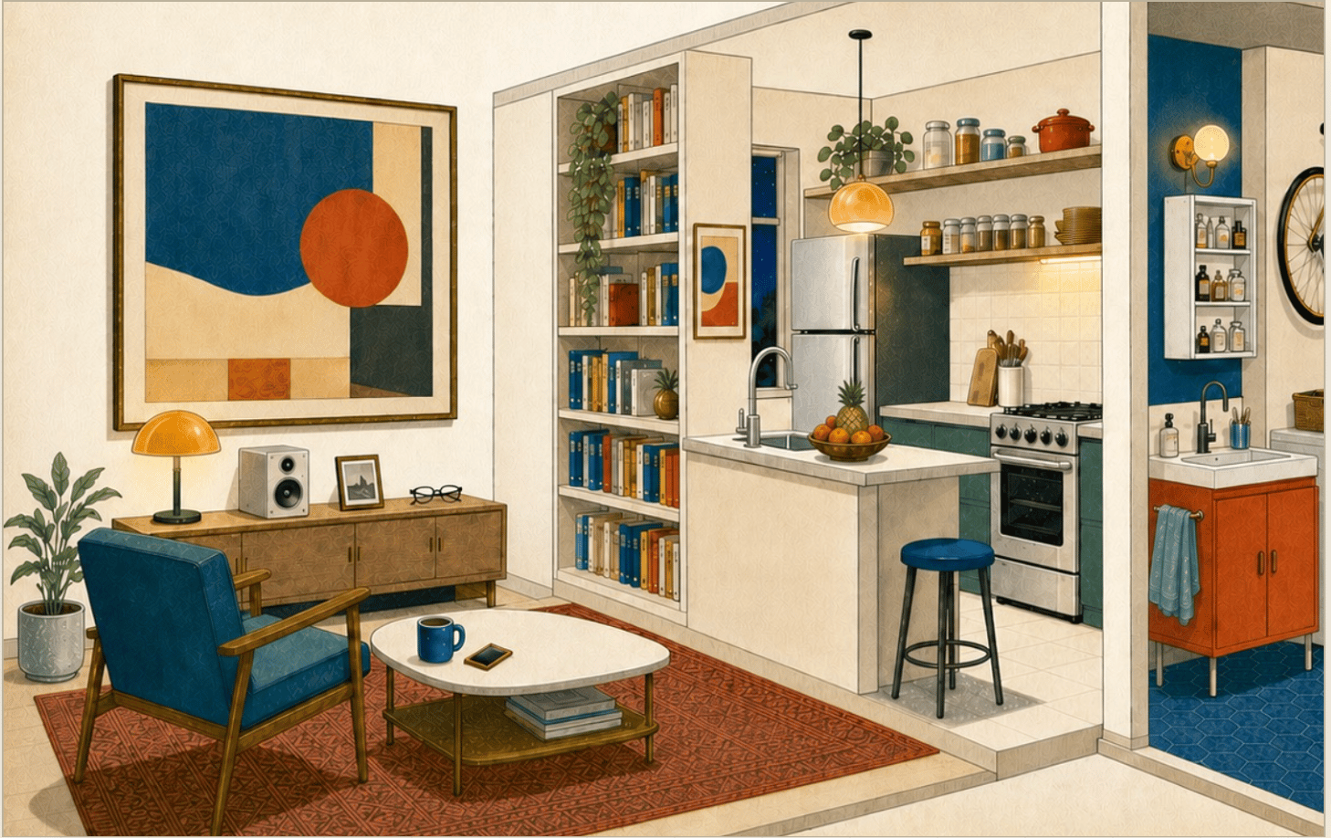 A graphic illustration of a calm and cozy-looking apartment in the evening. It has art on the wall, books on the shelves, houseplants throughout, and a tidy kitchen. There is a distinct mid-century modern vibe in the decor as well as the illustration color palette.