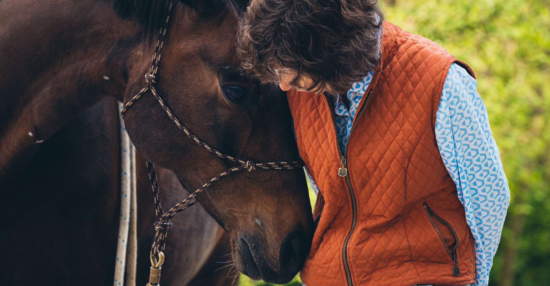 A gray horse is whispering in a woman’s ear.