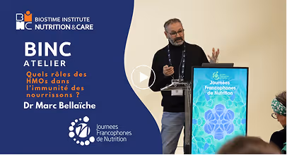 Dr. Marc Bellaïche presenting at BINC Atelier on the roles of HMOs in infant immunity during a nutrition conference.