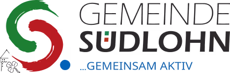 Logo der Gemeinde Südlohn; grün-rote stilisierte S-Form, Text "GEMEINDE SÜDLOHN", Slogan "GEMEINSAM AKTIV".