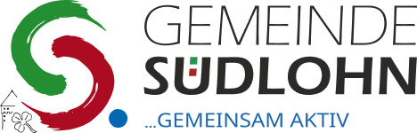 Logo der Gemeinde Südlohn; grün-rote stilisierte S-Form, Text "GEMEINDE SÜDLOHN", Slogan "GEMEINSAM AKTIV".