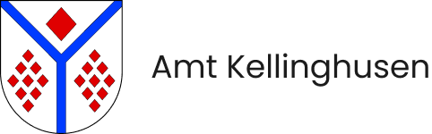 Wappen mit blauen Linien, roten Rauten und Schriftzug "Amt Kellinghusen" rechts.