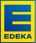EDEKA-Logo: Großes blaues "E" auf gelbem Hintergrund mit dem Schriftzug "EDEKA" darunter.
