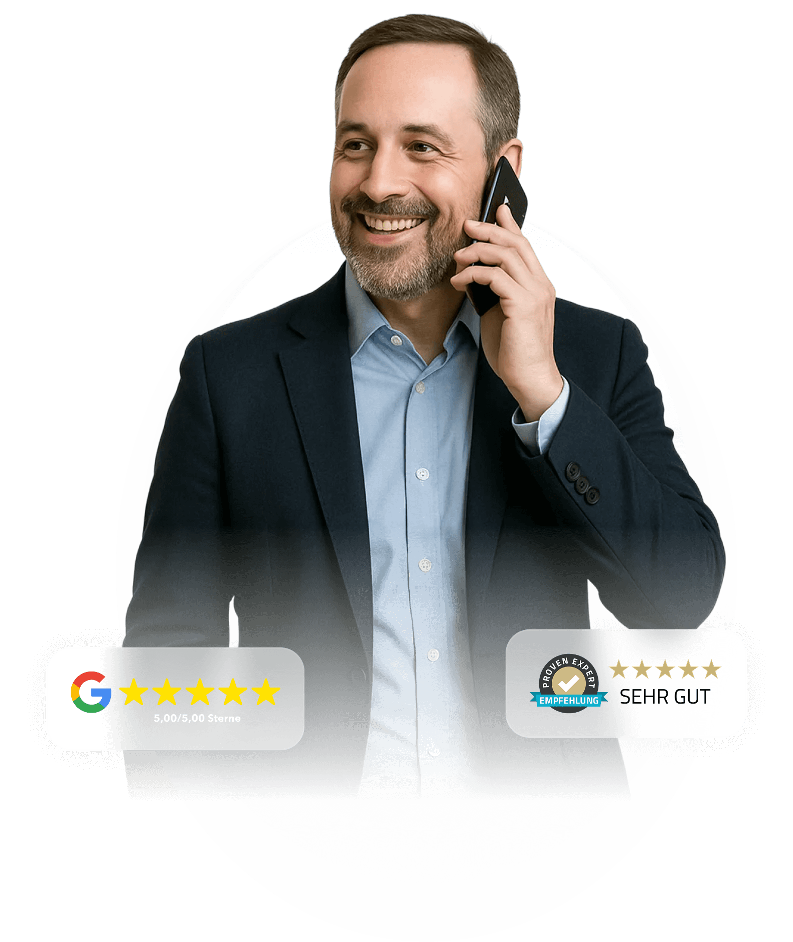 Mann in Anzug telefoniert lächelnd, umgeben von 5-Sterne-Bewertungen von Google und ProvenExpert.