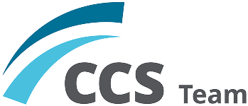 CCS Team Logo mit stilisierten, blauen Bögen und grauem Text.