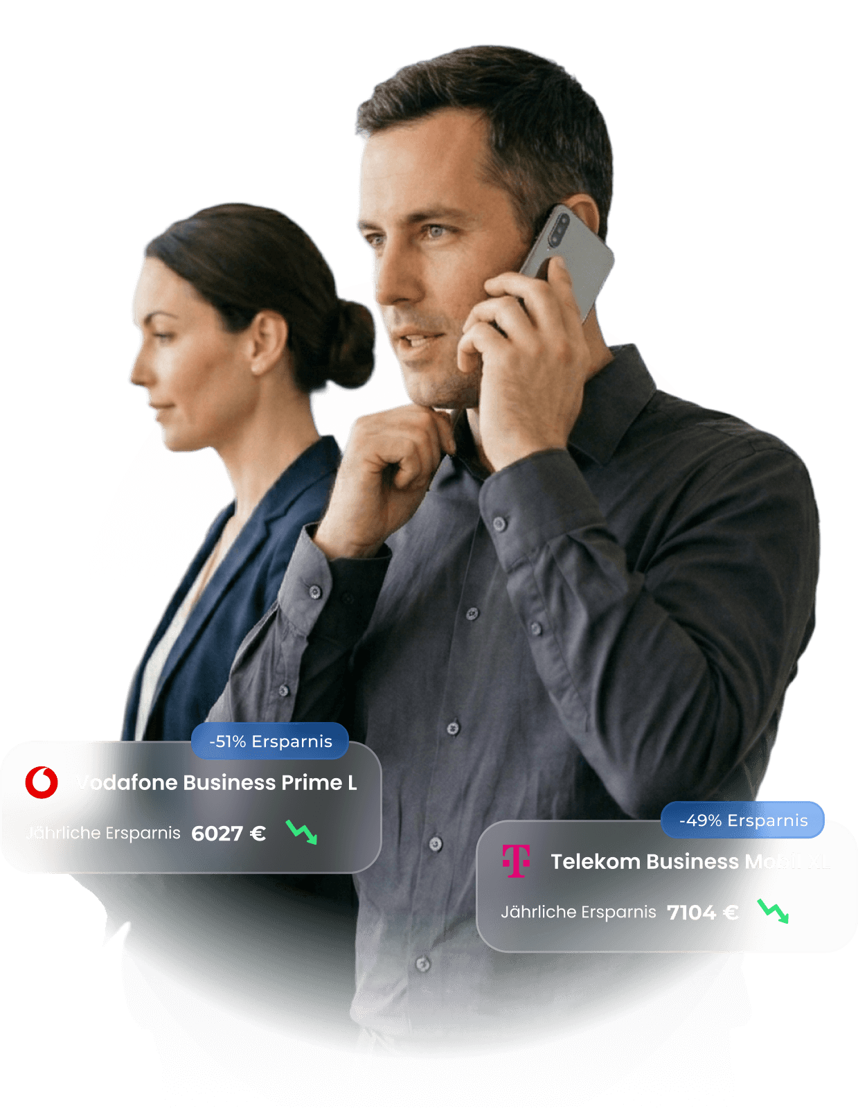 Man on phone adjusting collar and woman standing sideways behind him, with overlays showing Vodafone and Telekom business plan savings.