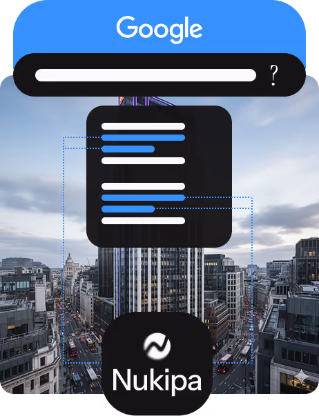 Illustration of a Google search interface over a cityscape background with a stylized app icon labeled Nukipa at the bottom.