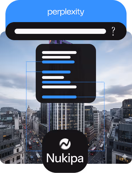 User interface overlay on cityscape showing Perplexity search bar, a text snippet with highlighted lines, and Nukipa logo.