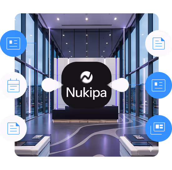 Modern office lobby with large glass windows, two white benches, and a black central kiosk displaying the Nukipa logo, surrounded by blue and white icons representing digital documents.