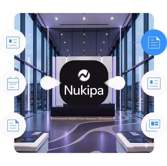 Modern office lobby with large windows showing city view, central display with Nukipa logo surrounded by six blue and white file and document icons.