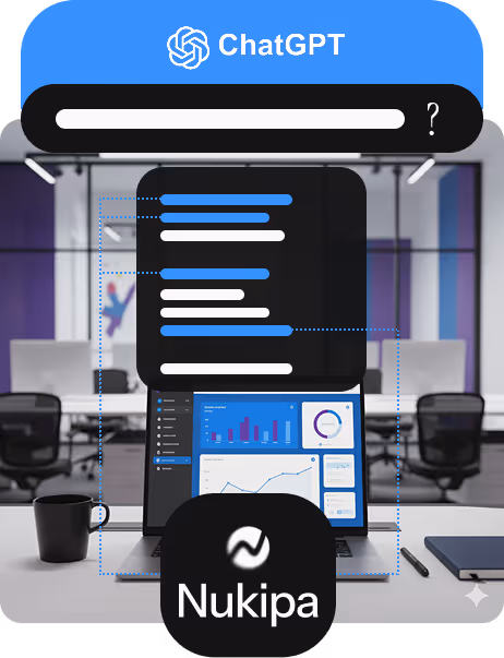 Laptop on office desk displaying data charts with ChatGPT interface overlay and Nukipa logo, with blurred chairs and window in background.