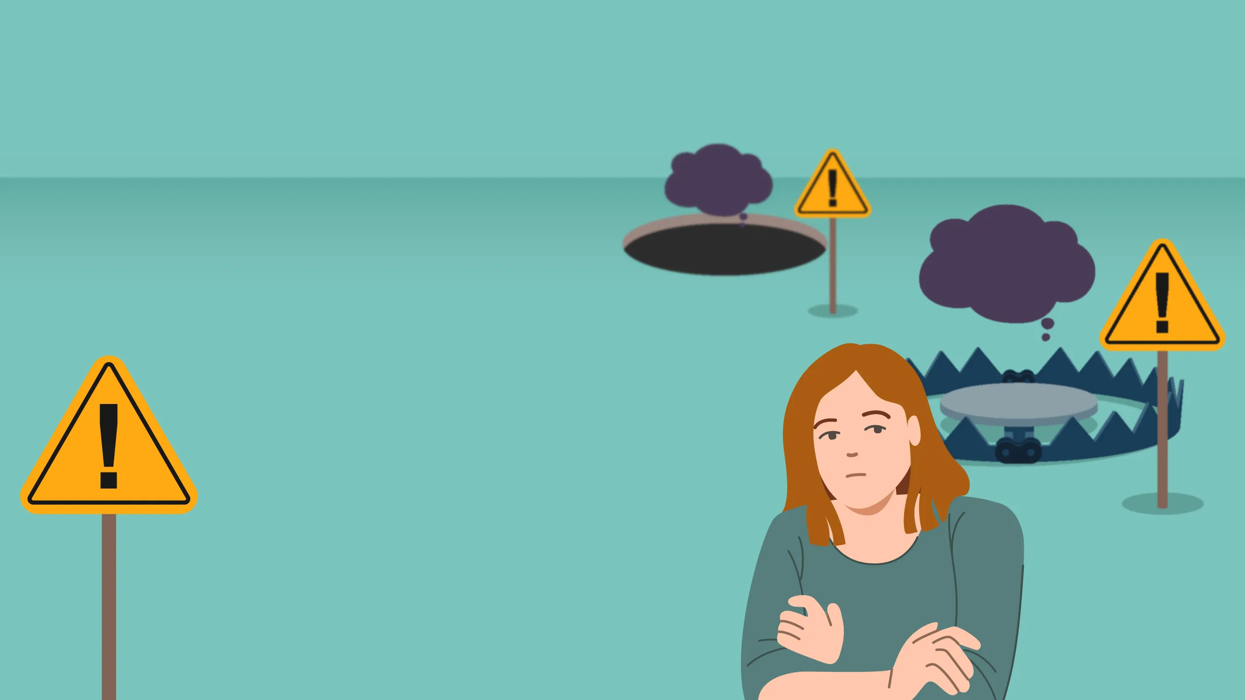 Illustration of a worried woman standing near warning signs, with thought clouds above two danger traps: a hole and a bear trap.