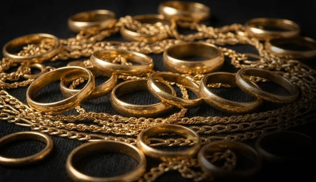 Bagues et chaînes en or jaune éparpillées sur fond noir, bijoux en or achetés comptant