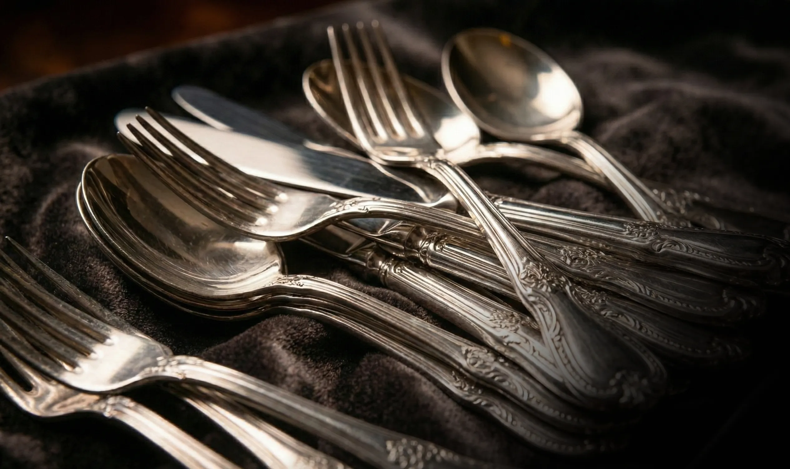 Couverts anciens en argent sterling ciselés posés sur velours sombre, argenterie de collection achetée comptant