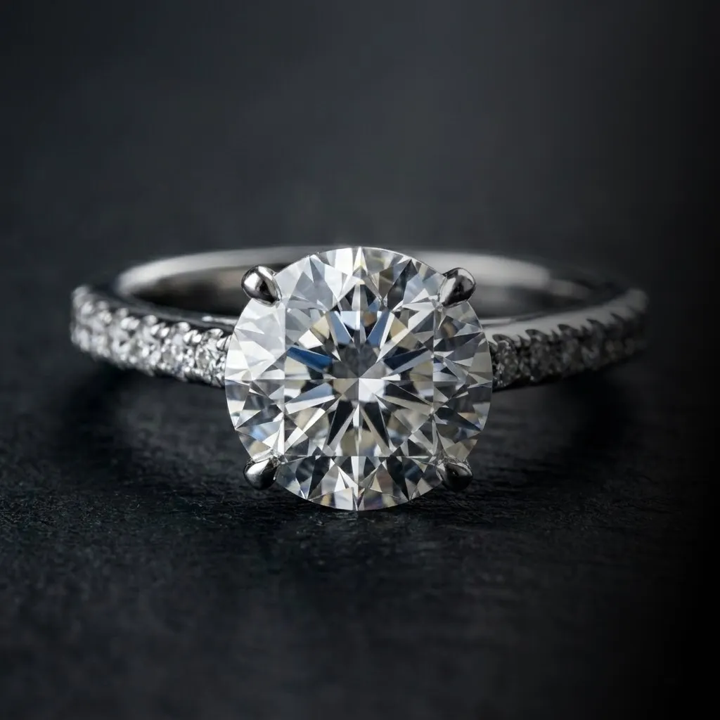 Bague solitaire sertie d'un diamant rond brillant sur anneau pavé, bijou évalué gratuitement