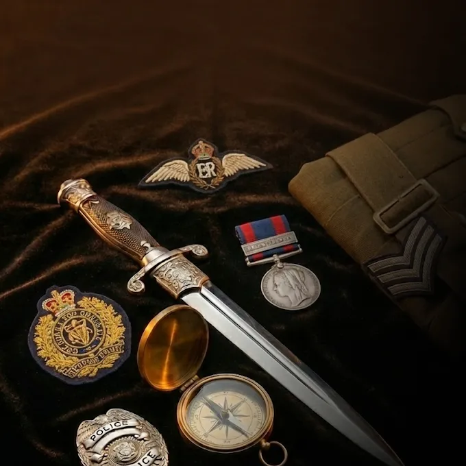 Souvenirs militaires et policiers de collection: dague, médaille, insignes, boussole et badge