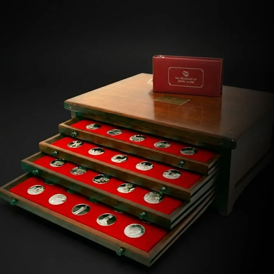 Coffret en bois présentant des médailles commémoratives Franklin Mint en argent, édition de collection