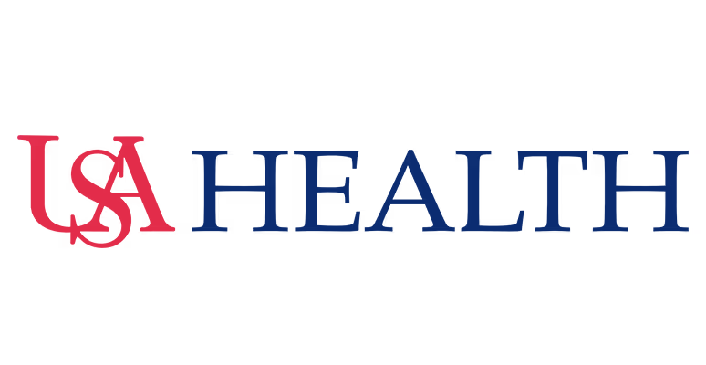 USA HEALTH logo with red stylized letters USA and blue HEALTH text.