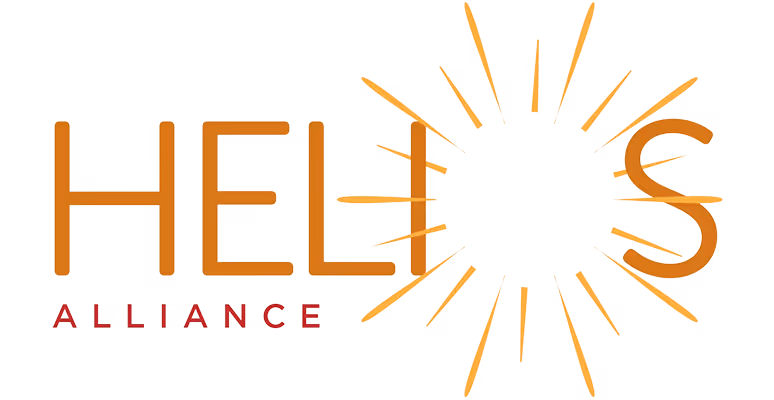 Logo with the word HELIOS in large orange letters with stylized sun rays around the O and the word ALLIANCE in smaller red letters underneath.