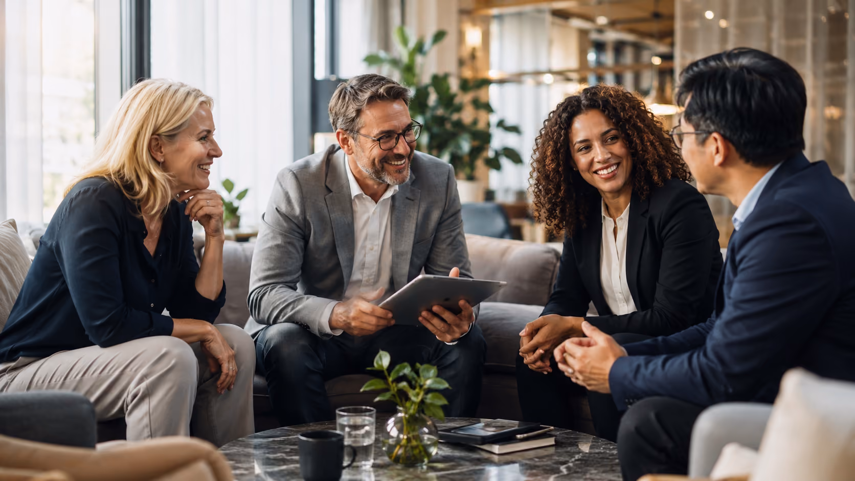 Four diverse business people in a lively discussion around a coffee table with notebooks and plants.