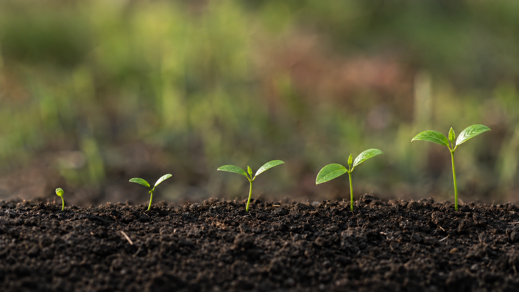 Five green seedlings at different growth stages sprouting from dark soil in a blurred natural background.