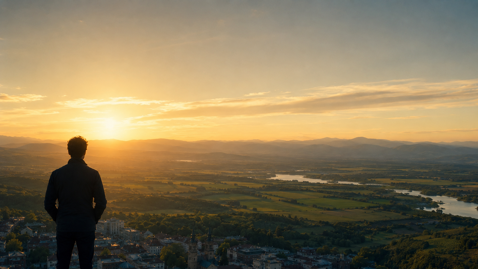 Person silhouetted against a sunset overlooking a town, river, and distant mountains.