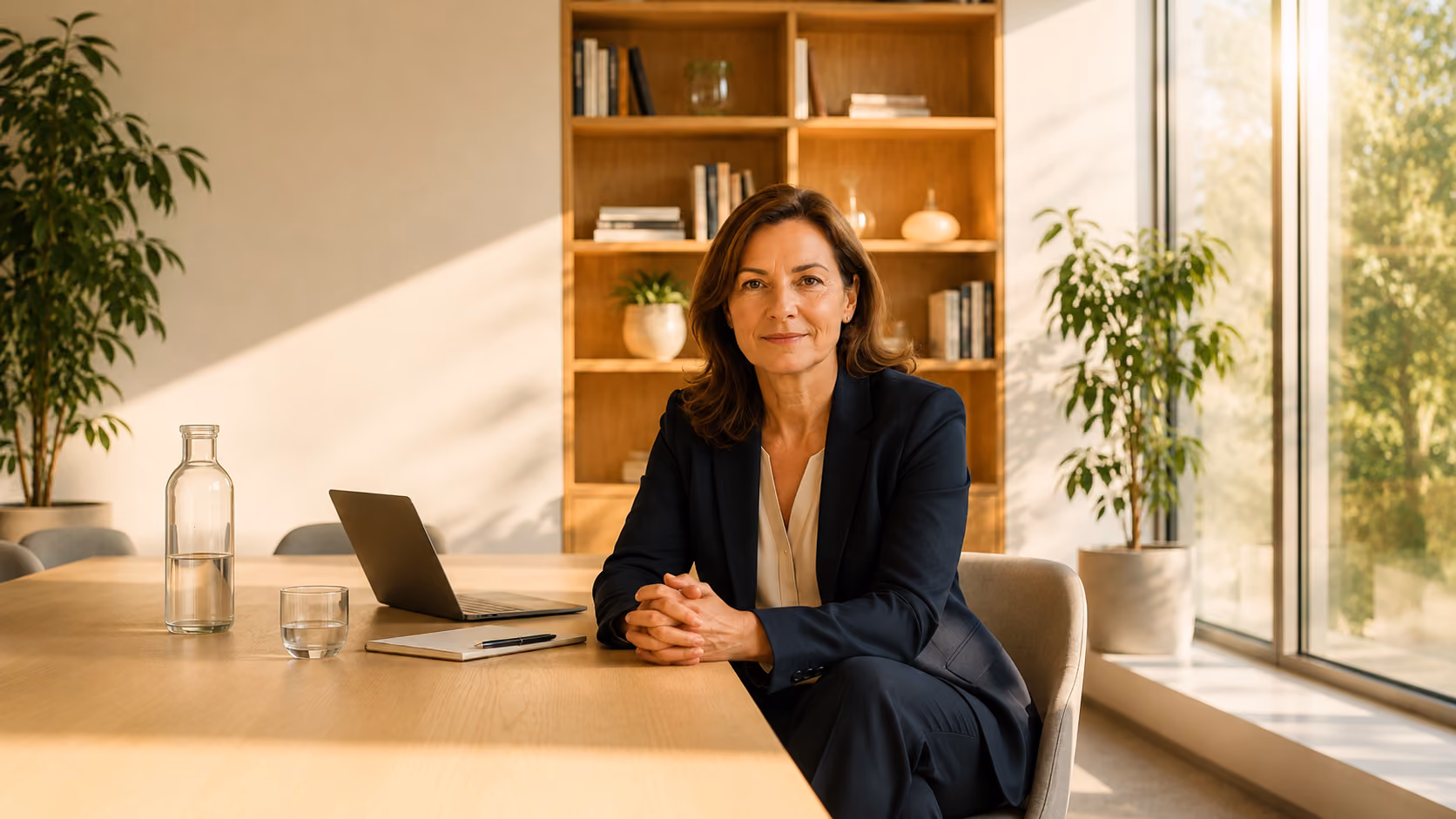 Businesswoman seated at a wood table with laptop, glass of water, and notebook in a bright office.