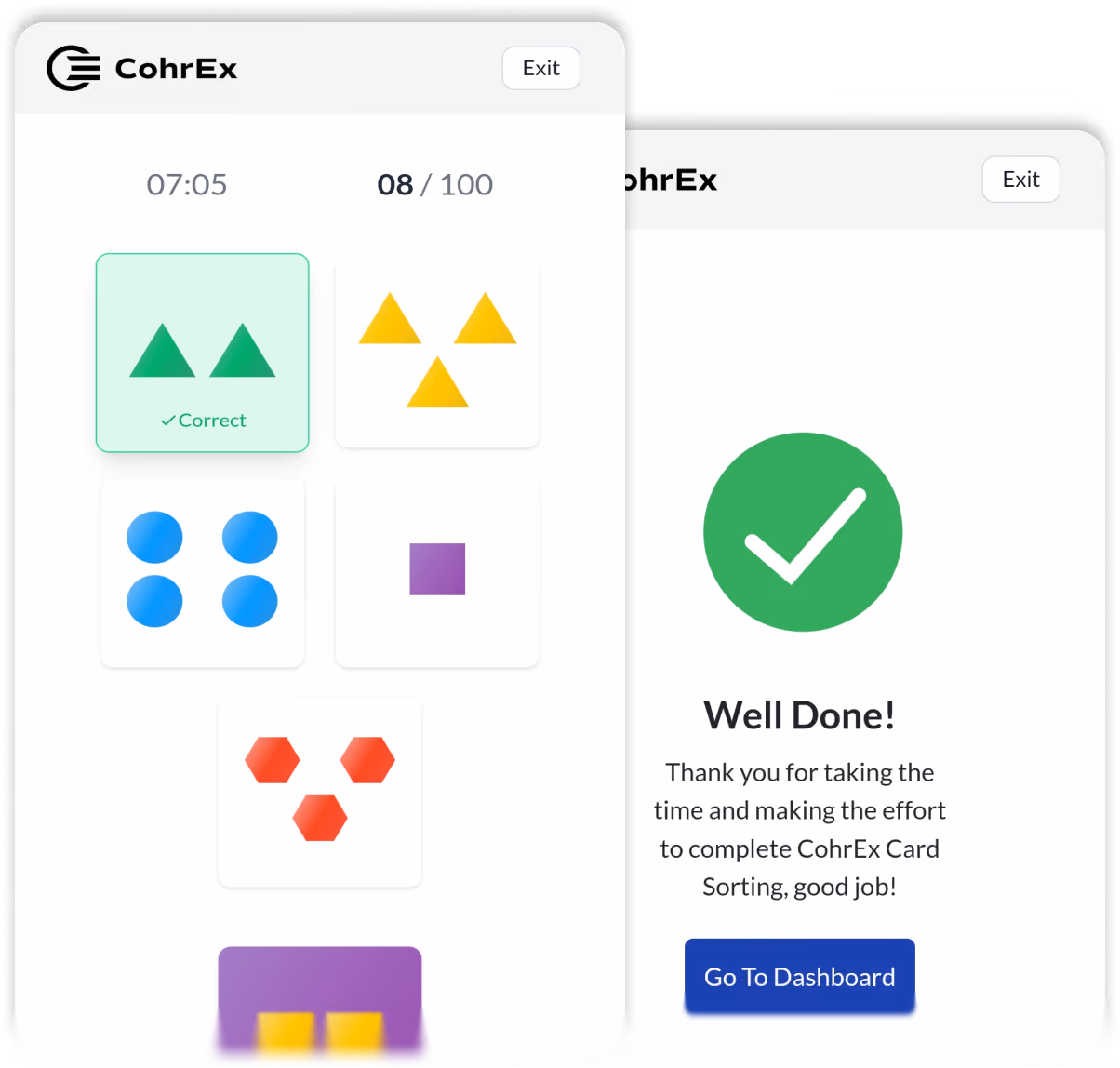 CohrEx app showing a card sorting test to measure executive functions and a completion message screen.