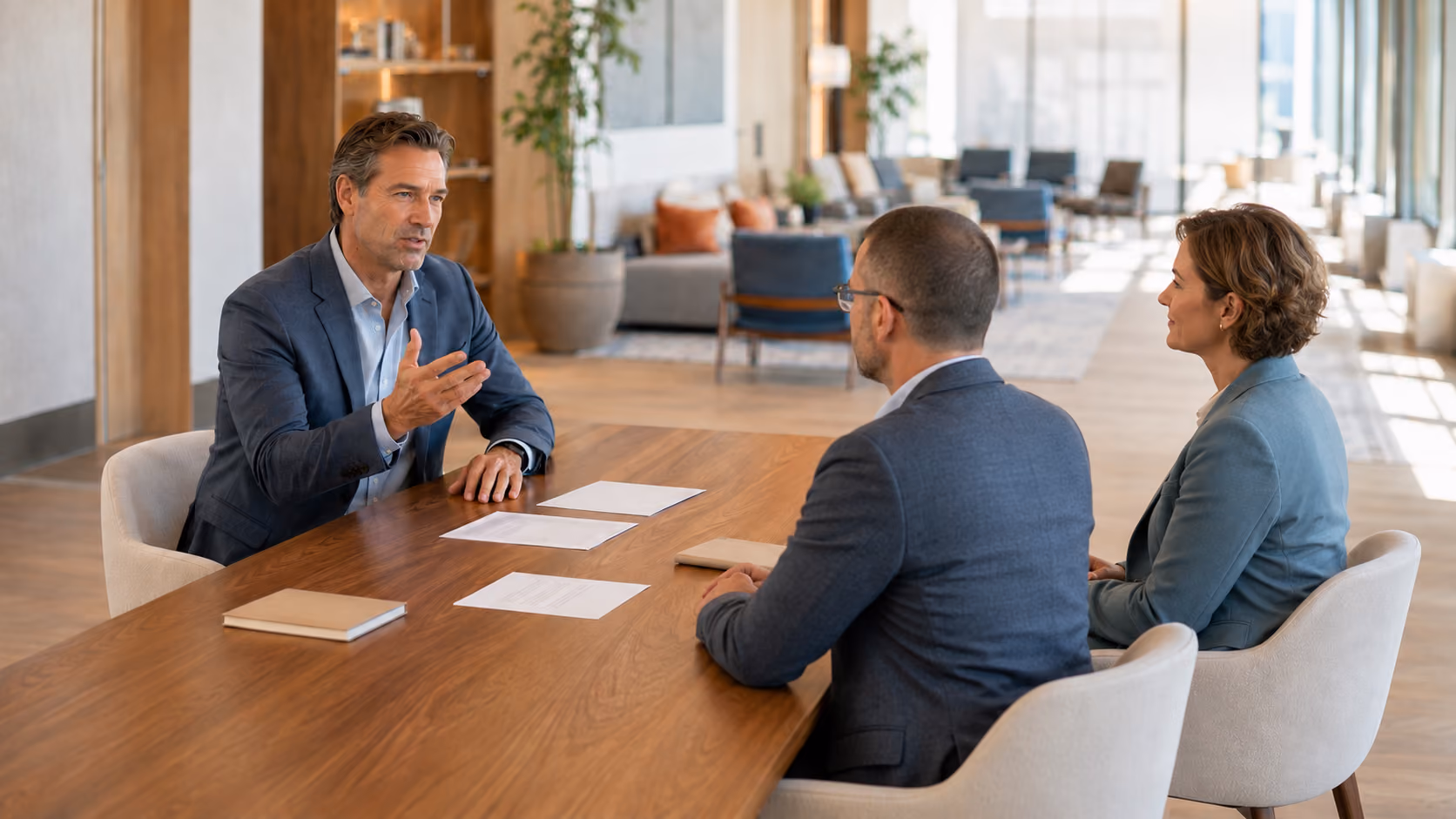 Three business people having a discussion at a wooden table in a modern office space.