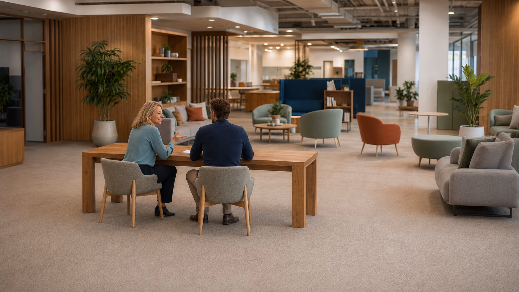 Two people sitting at a wooden table in a spacious modern office lounge with plants and sofas.