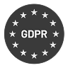 Circular dark badge with GDPR text in center surrounded by 12 white stars.