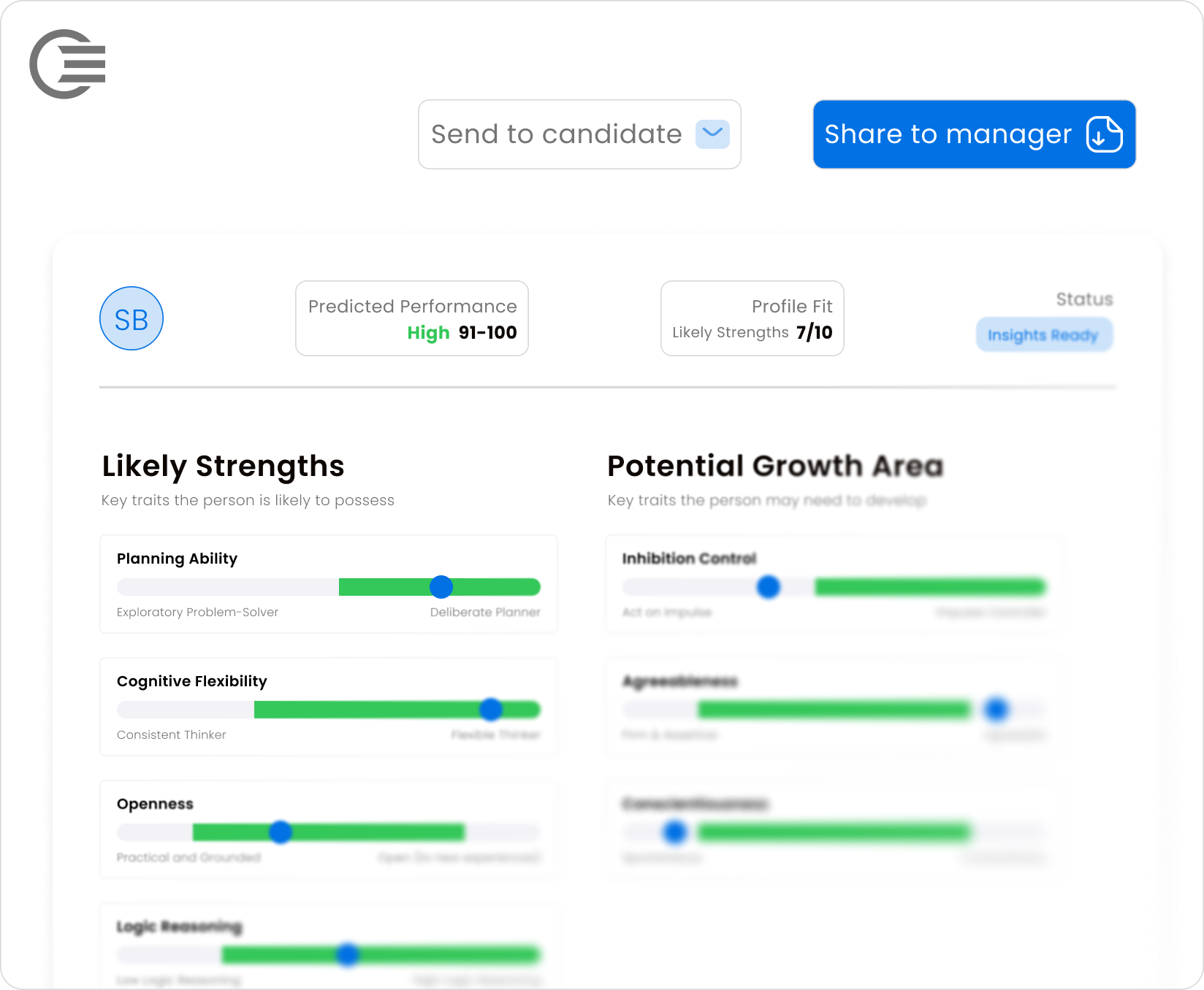 Dashboard showing candidate strengths like planning ability and cognitive flexibility and areas for growth.
