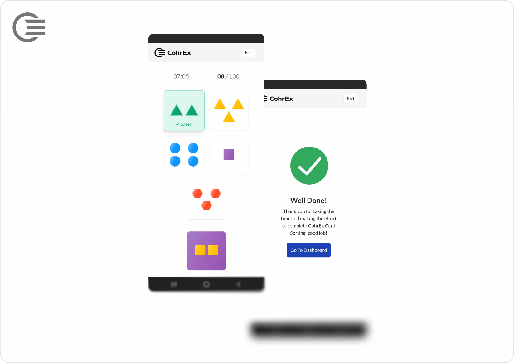 CohrEx card sorting test screen with shapes and a congratulatory message with a green check mark.