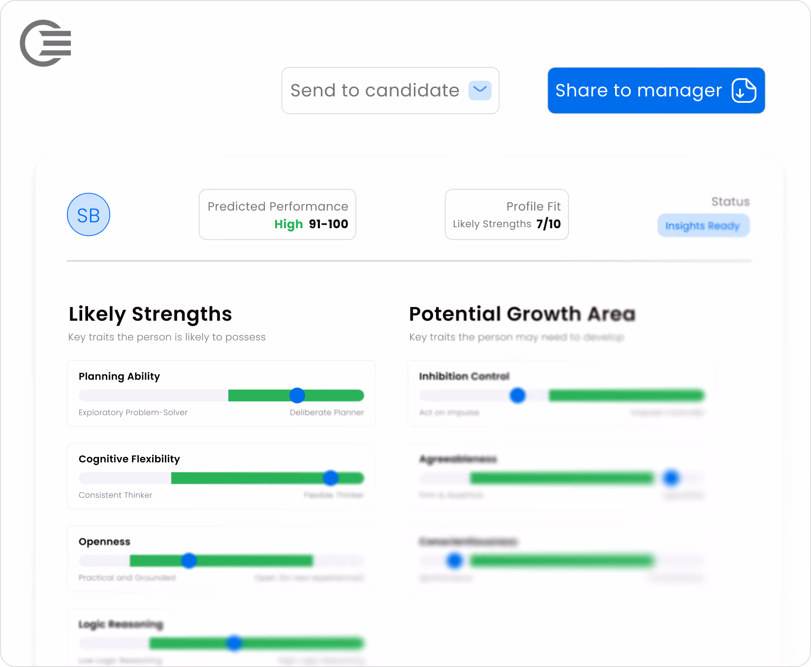 Profile dashboard showing likely strengths and potential growth areas with performance and fit scores.