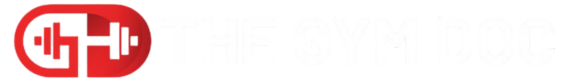 Logo with red stylized weights and text reading THE GYM DOC in white.