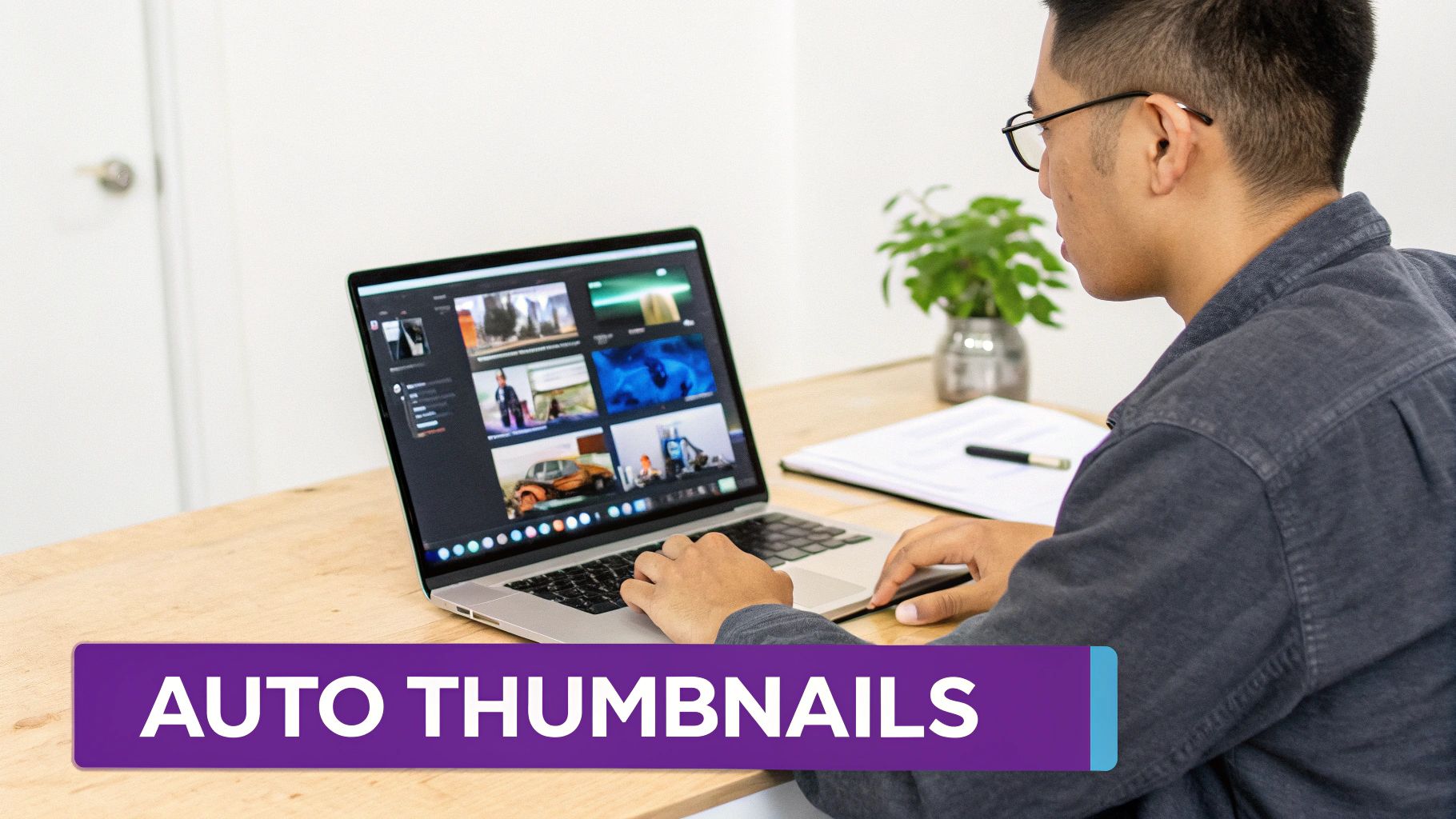 A person with glasses is working on a laptop displaying various video thumbnails on a wooden desk.