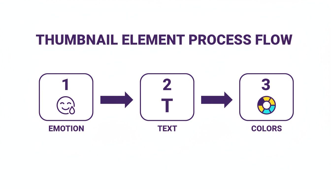 A process flow for thumbnail elements, showing steps for emotion, text, and colors.