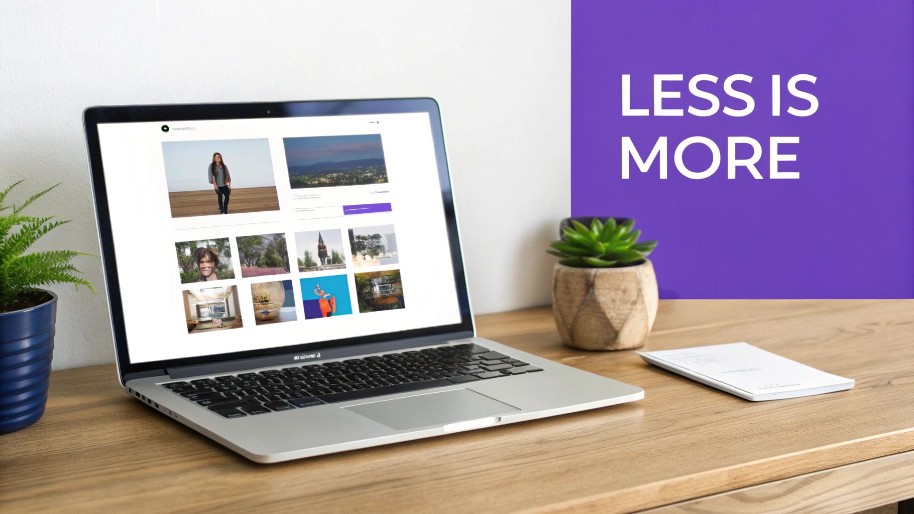 A laptop on a wooden desk displays a website with various photos, next to plants and a 'LESS IS MORE' sign.