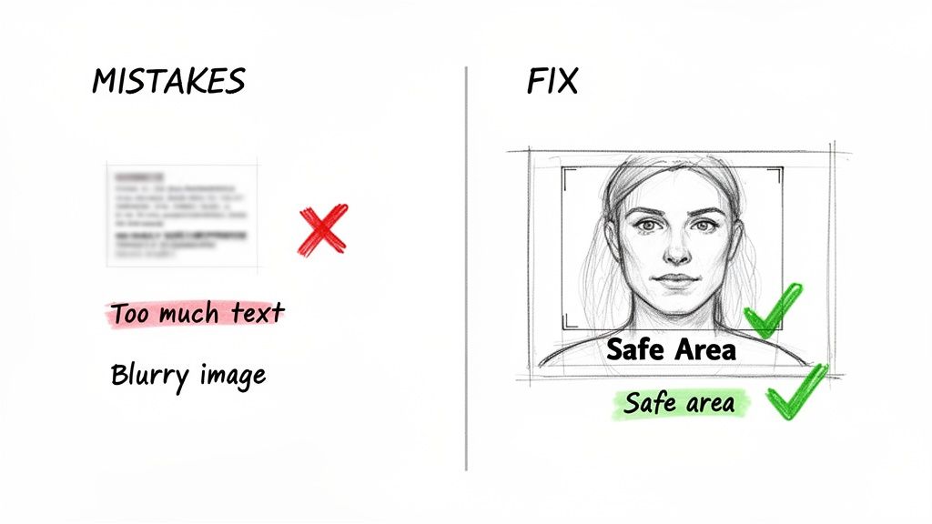 Comparison of common image mistakes like blur and too much text versus a clear, correctly cropped portrait.